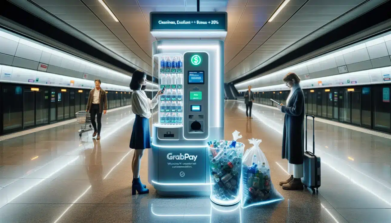 Commuter scans qr at recycling kiosk as norwegian planner observes in singapore