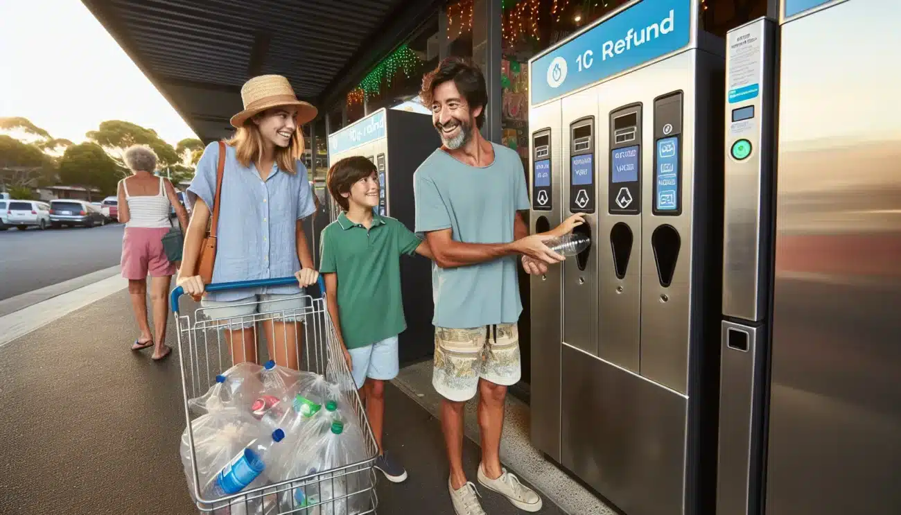 Families return bottles and cans at brisbane deposit machines on a sunny morning
