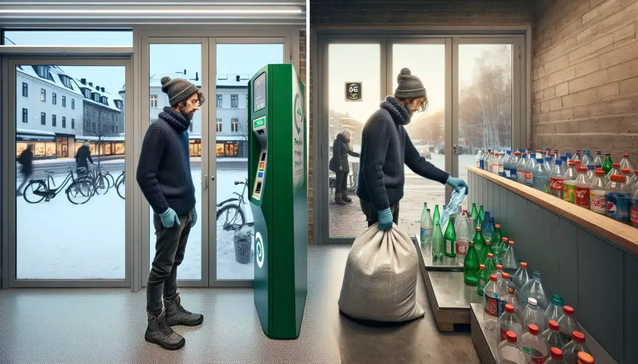 Norwegian deposit machine contrasted with an informal buy back station in another region