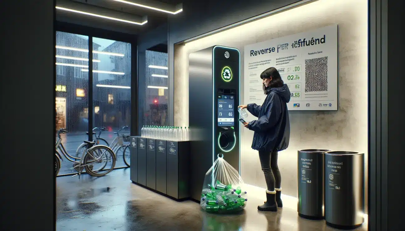 Norwegian shopper returns bottles at supermarket machine receiving digital deposit refund