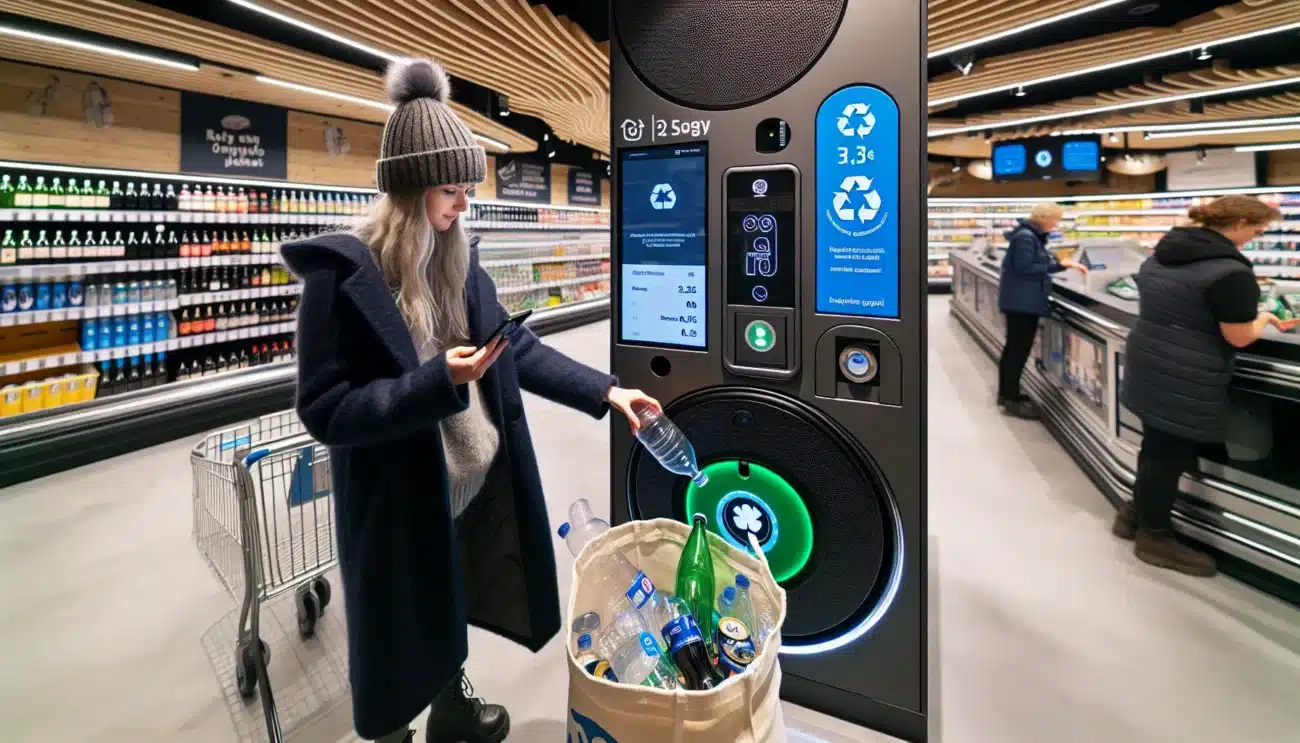 Norwegian shopper uses a reverse vending machine with digital deposit refund