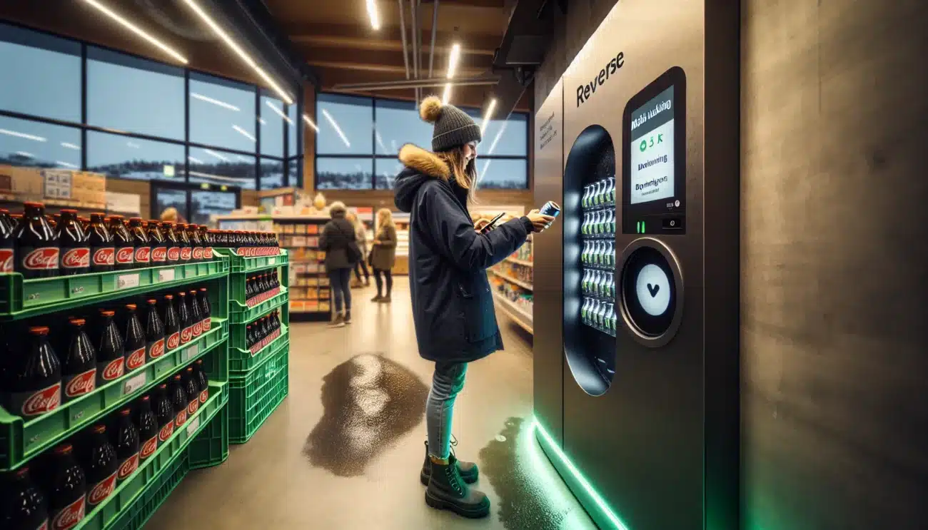 Norwegian shopper uses reverse vending machine with mobile payout and reuse crates
