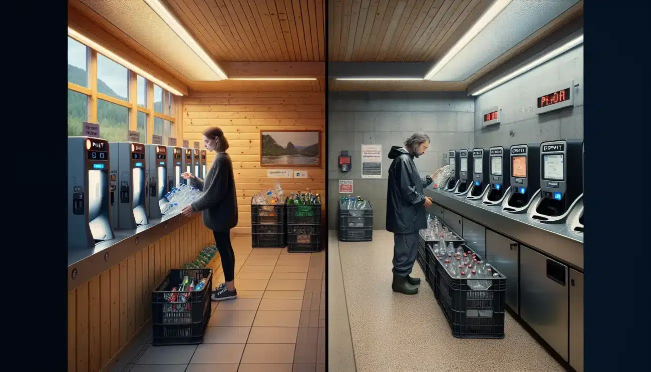 Split view of norwegian return machine and u s bottle redemption center