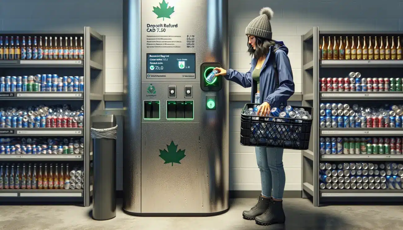 Woman returns bottles at canadian depot machine shows deposit refund