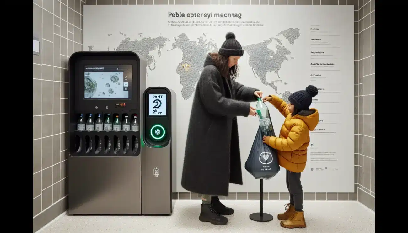 Woman returns bottles at norwegian reverse vending machine child passes an aluminum can
