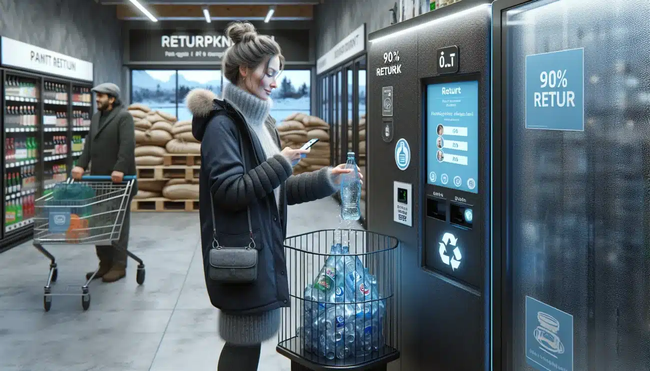 Woman returns qr labeled bottle at norwegian deposit machine in supermarket