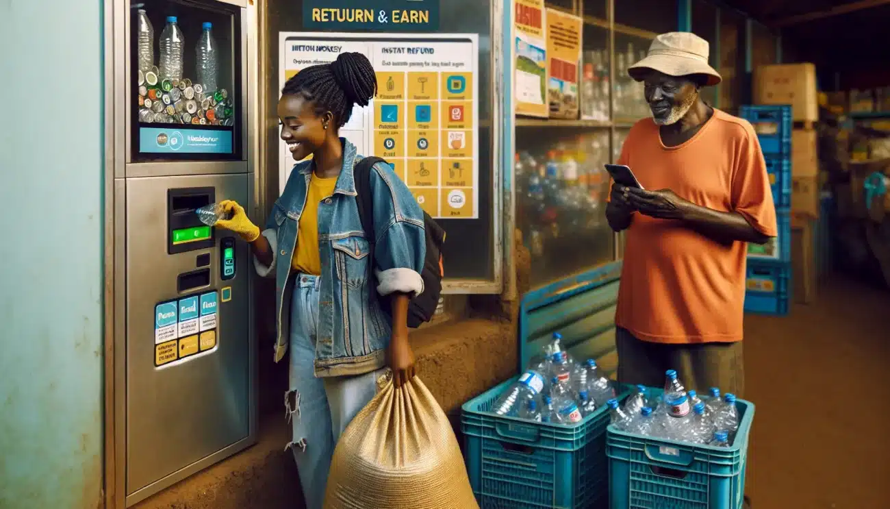 Young woman returns bottles at nairobi rvm phone shows instant mobile refund