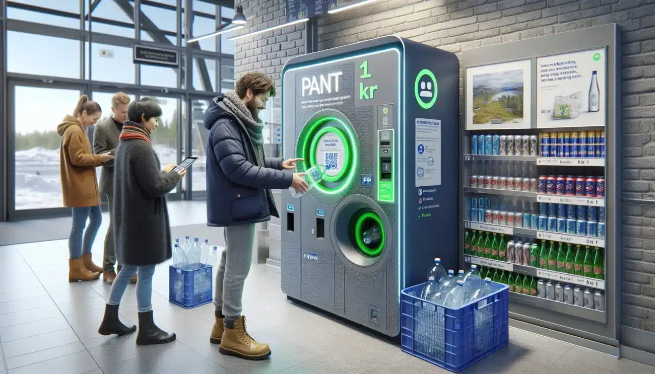 Business team reviews data beside pant machine in a norwegian supermarket