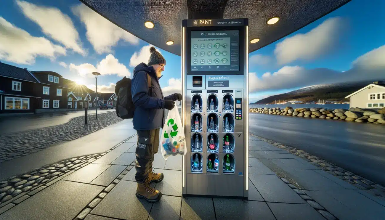 Man returns bottles at norwegian pant machine by fjord preventing ocean plastic