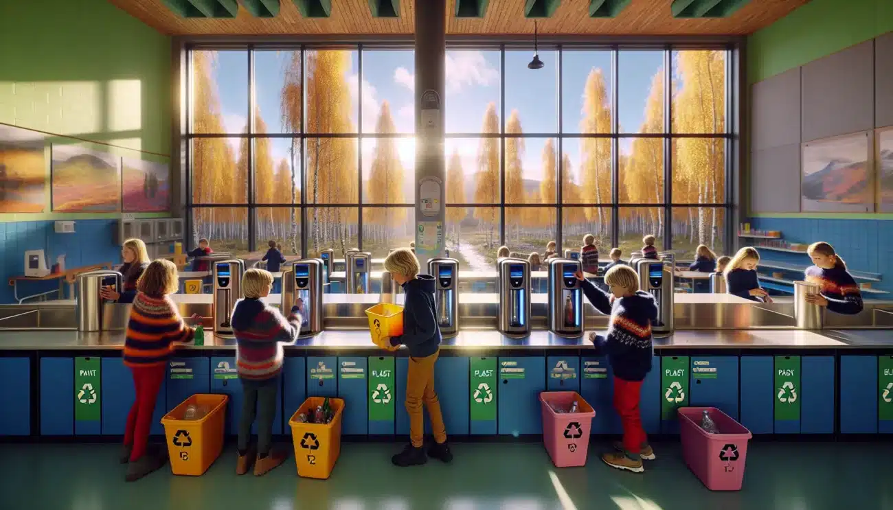 Norwegian schoolchildren sort bottles at a pant station with a teacher guiding