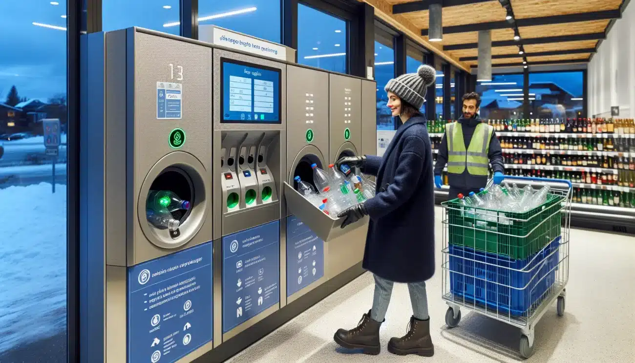 Norwegian shopper returns bottles at a grocery reverse vending machine in winter