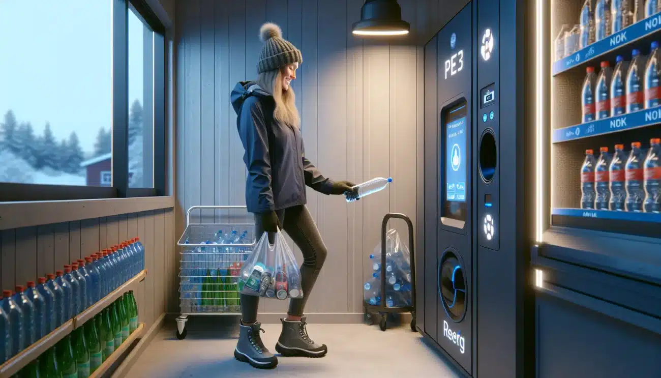 Woman returning bottles at a norwegian pant machine with digital refund display