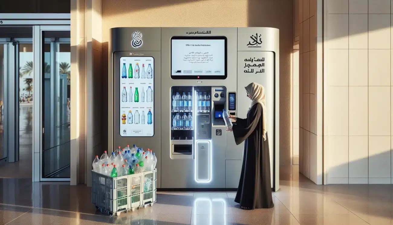 Young woman uses a reverse vending machine in a modern middle eastern mall