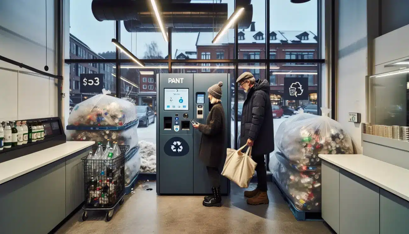 Norwegian shopper using a panteautomat to return bottles and reduce emissions