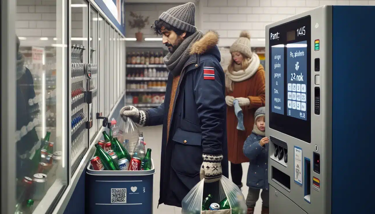 People redeem bottles at a norwegian reverse vending machine on a winter evening
