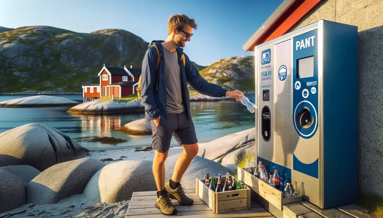 People use a pant return machine by a norwegian beach keeping shoreline clean