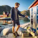 People use a pant return machine by a norwegian beach keeping shoreline clean