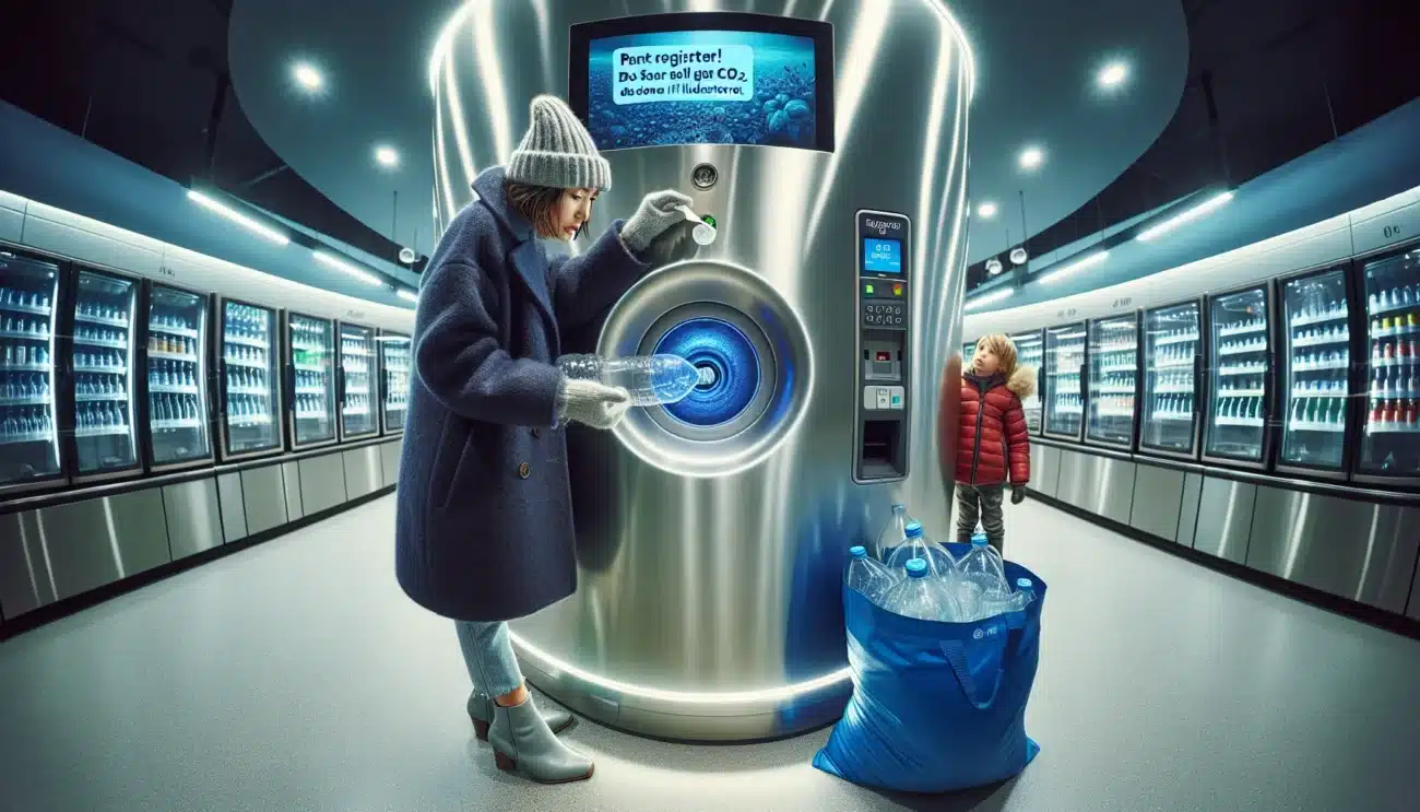 Shoppers pant bottles at a clean norwegian store machine with clear rewards