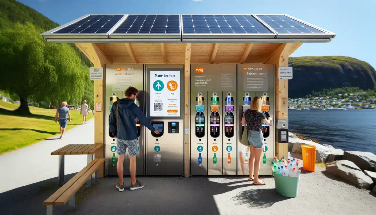 Tourists use a pant machine on a clean norwegian fjord promenade at sunset