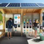 Tourists use a pant machine on a clean norwegian fjord promenade at sunset