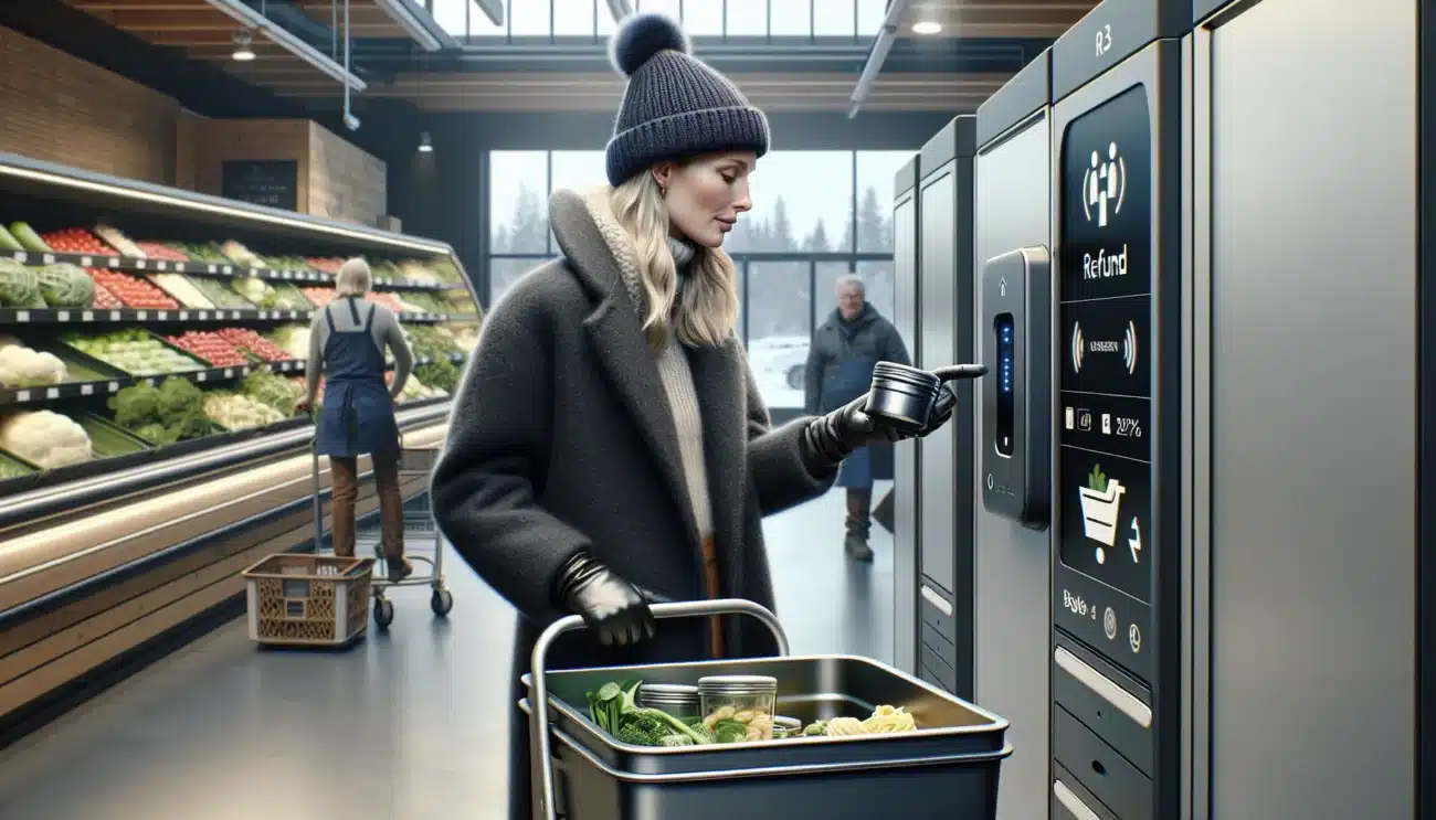 Woman returning reusable food container at norwegian pant machine winter afternoon