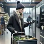 Woman returning reusable food container at norwegian pant machine winter afternoon