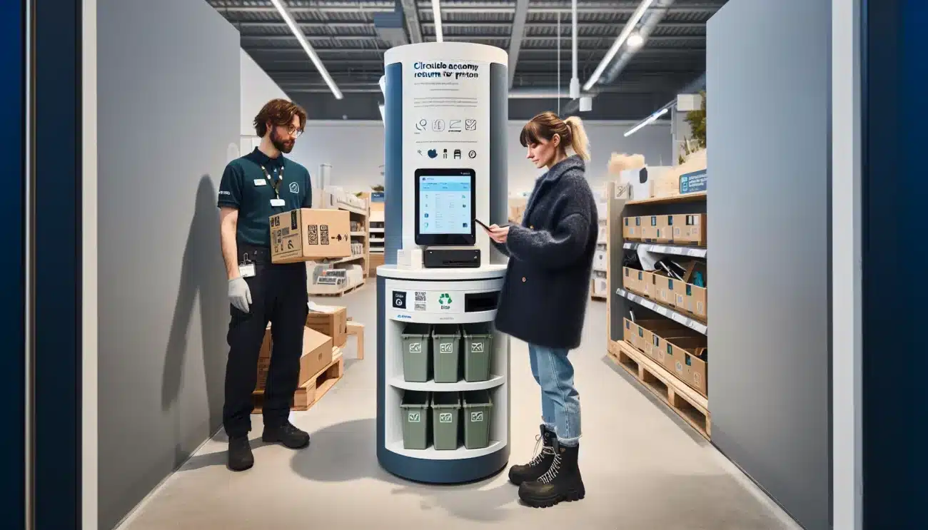 Customer using a return station in a norwegian store for electronics and packaging