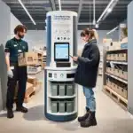 Customer using a return station in a norwegian store for electronics and packaging