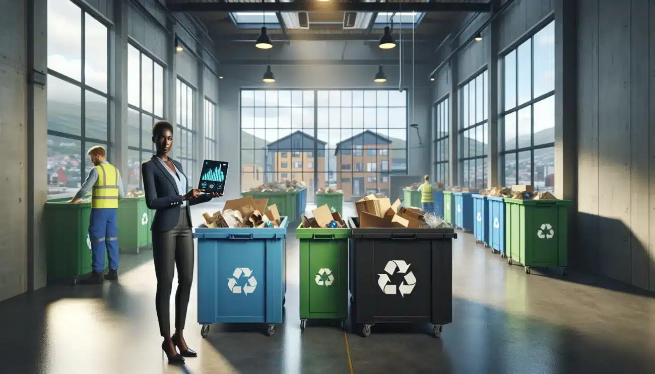 Norwegian business manager reviews cost savings beside organized industrial recycling containers