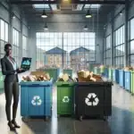 Norwegian business manager reviews cost savings beside organized industrial recycling containers