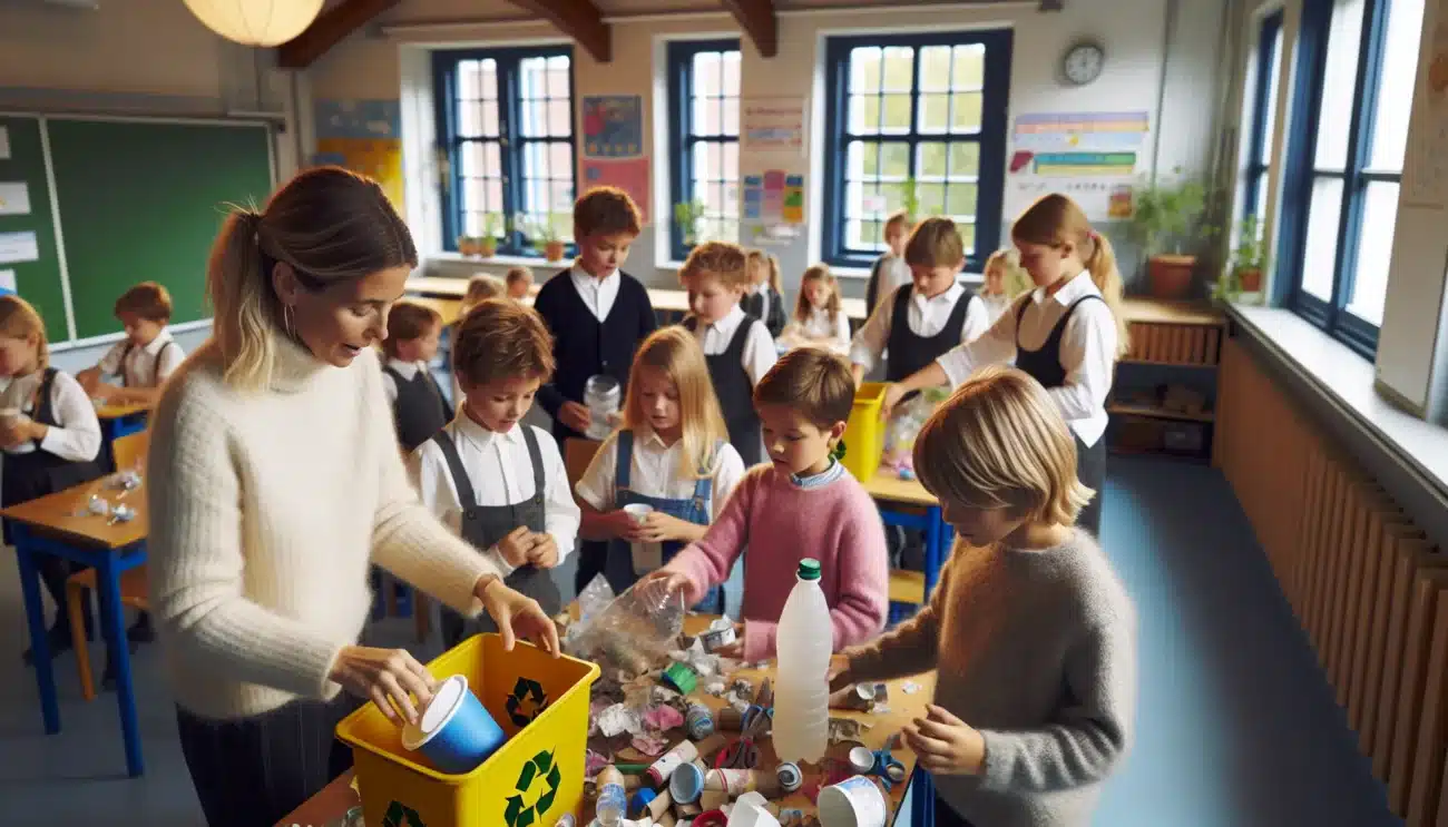 Norwegian schoolchildren sorting waste into recycling bins during an environmental lesson