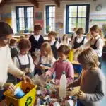 Norwegian schoolchildren sorting waste into recycling bins during an environmental lesson