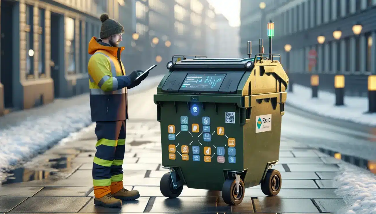 Norwegian worker using tablet to manage sensor equipped smart waste bins and truck