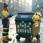 Norwegian worker using tablet to manage sensor equipped smart waste bins and truck