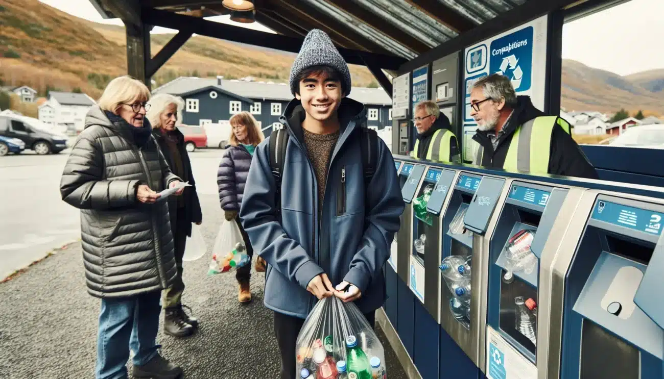 People at a norwegian return station recycling bottles and reusing items together