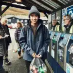 People at a norwegian return station recycling bottles and reusing items together