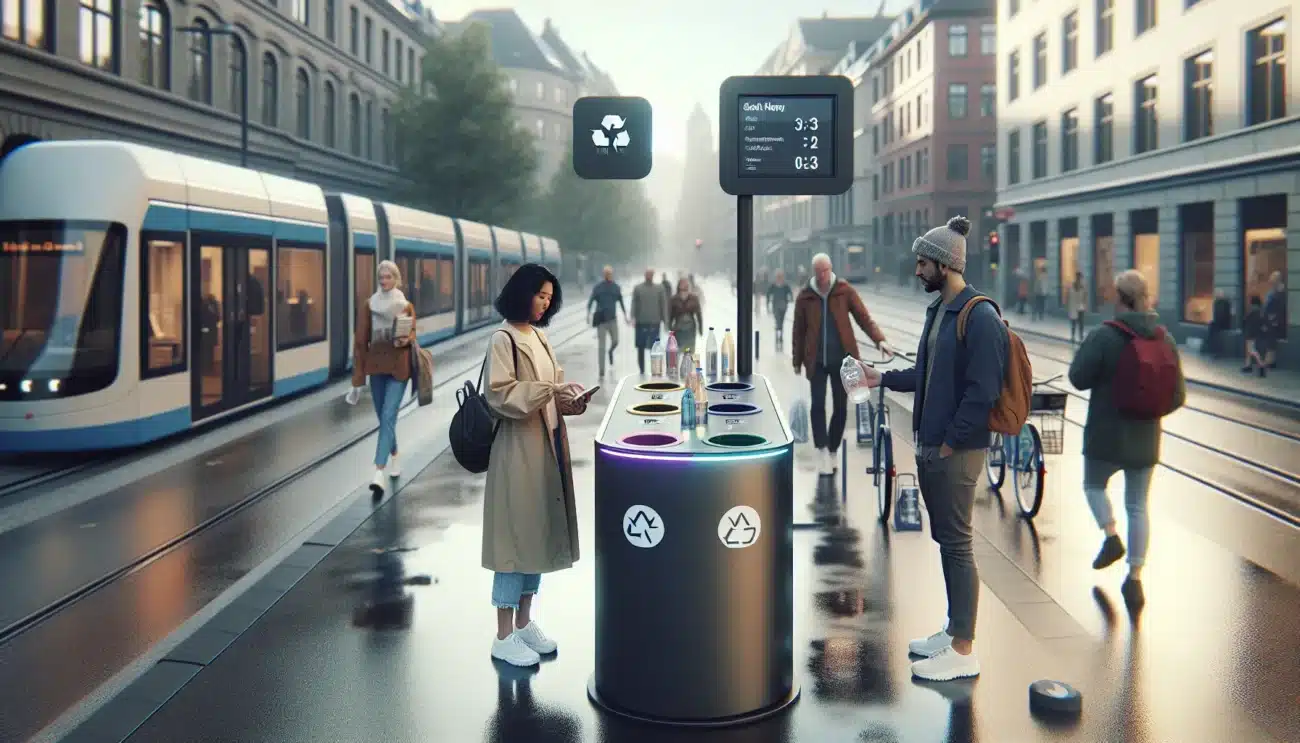 People using smart recycling bin with app in a modern oslo city street