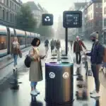 People using smart recycling bin with app in a modern oslo city street