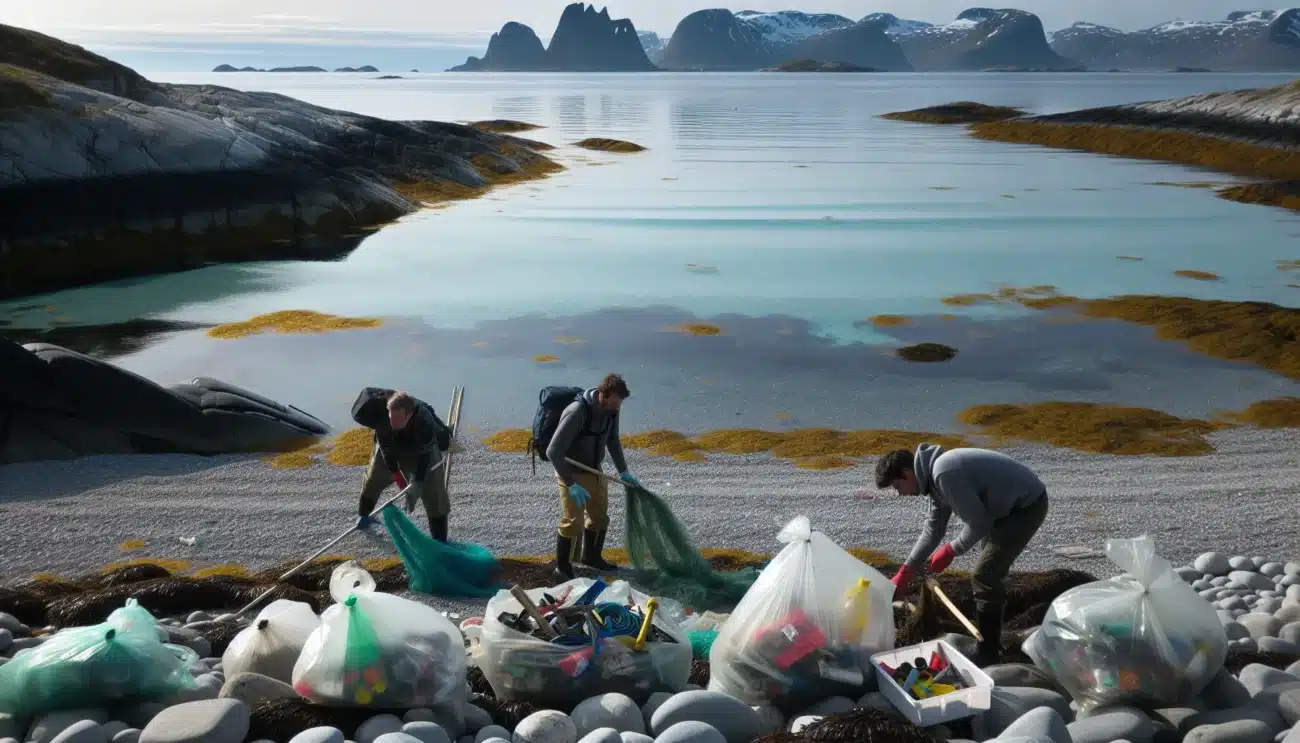 Volunteers cleaning plastic waste on a norwegian beach near fish farms and fjord