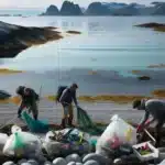 Volunteers cleaning plastic waste on a norwegian beach near fish farms and fjord