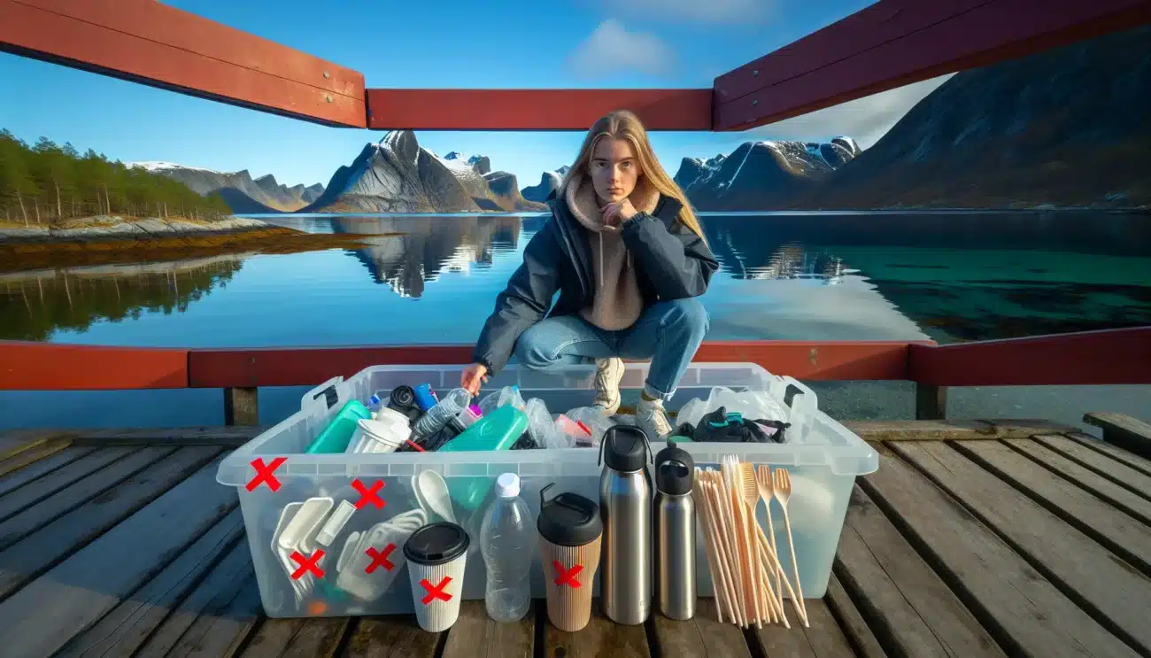 Young woman by a norwegian fjord comparing single use plastic and reusable items