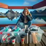 Young woman by a norwegian fjord comparing single use plastic and reusable items